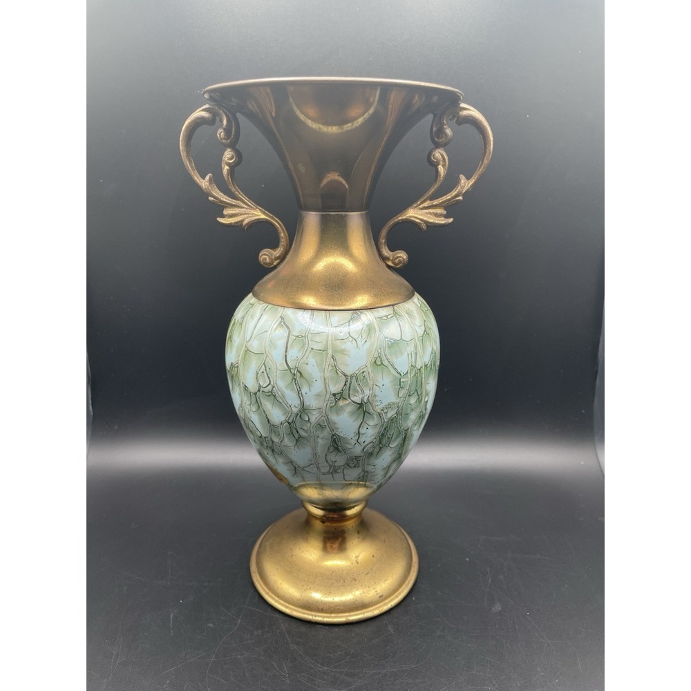 Mid-Century Modern Delft Pottery Marbled Glaze Vase Brass Base From Holland Rare